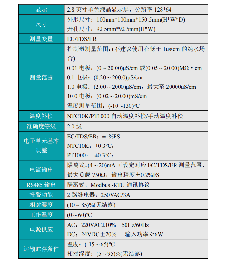 米科MIK-TDS210-B在線電導(dǎo)率測(cè)試儀產(chǎn)品參數(shù)